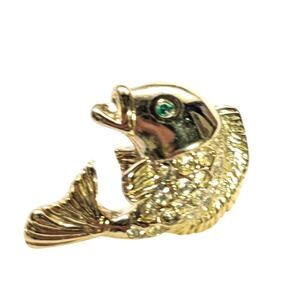 VTG Fish Green Clear Rhinestones Gold Tone Lapel Pin Tie Tack